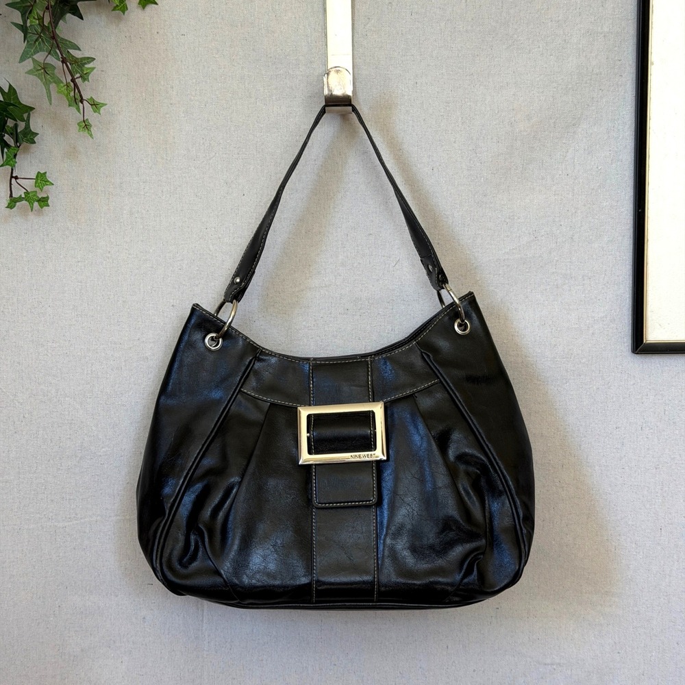 Black Faux Leather Shoulder Bag Big Buckle Y2K Indie Sleaze Whimsy Twee Retro